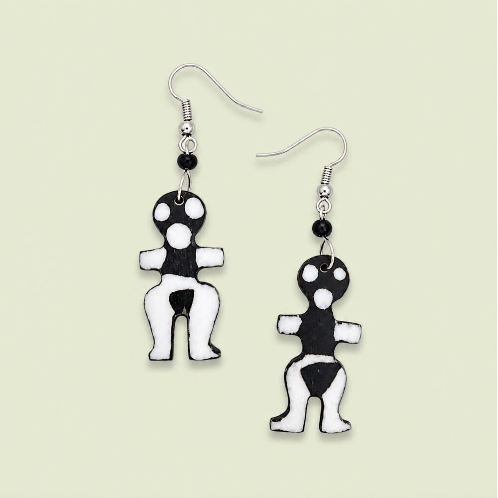 Handmade Black White Tribal Figure Alien Dangle Fashion Earrings Unique Boho Art